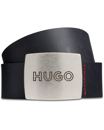 HUGO Cinturón de piel con hebilla con placa y logo - Negro