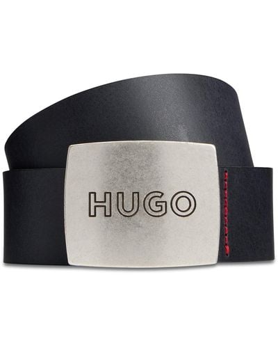 HUGO Leather Belt With Logo Plaque Buckle - Black
