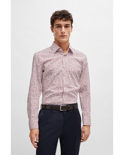 BOSS Slim-fit Shirt In Floral-print Stretch-cotton Poplin - Red