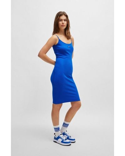 HUGO Sleeveless Dress In Ribbed Cotton-blend Jersey - Blue