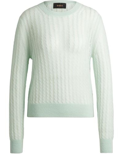 BOSS Feinstrick-Pullover aus strukturierter Wolle mit Zopfmuster - Grün