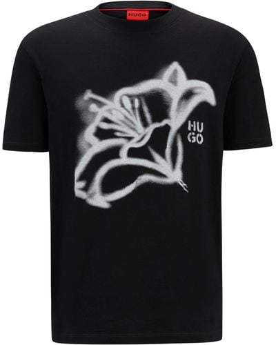 HUGO Relaxed-Fit T-Shirt aus Baumwoll-Jersey mit floralem Artwork - Schwarz