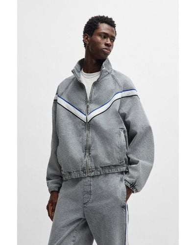 HUGO Zip-up Denim Jacket With Contrasting Tape Detail - Grey