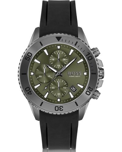 BOSS Silicone-strap Chronograph Watch With Olive Dial - Grey