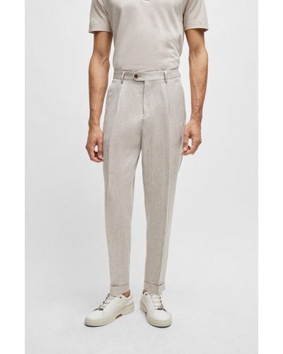 BOSS Relaxed-fit Trousers In Herringbone Linen And Silk - Natural
