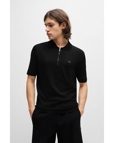 HUGO Zip-neck Polo Shirt With Stacked Logo - Black
