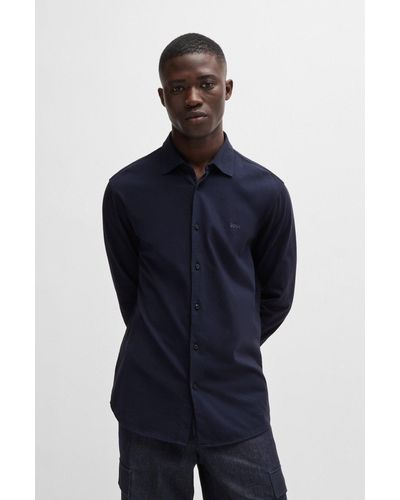 BOSS Slim-fit Shirt In Cotton Jersey With Embroidered Branding - Blue