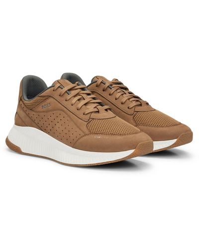 BOSS Ttnm Evo Leather Lace-up Sneakers With Mesh Trims - Brown
