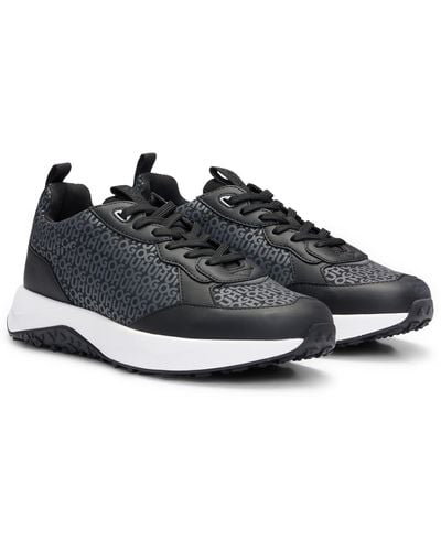 HUGO Mixed-material Sneakers With Repeat-logo Details - Black