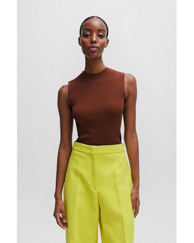 BOSS Sleeveless Mock-neck Top With Ribbed Structure - Green