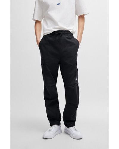 HUGO Relaxed-fit Cargo Trousers In Structured Cotton - Black