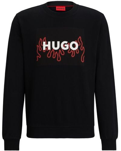 HUGO Regular-fit Sweater Van Katoenen Badstof Met Vlammenlogo - Zwart