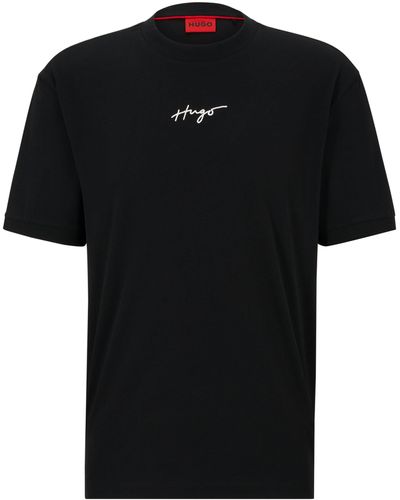 HUGO T-shirt Relaxed Fit en coton avec logo manuscrit - Noir