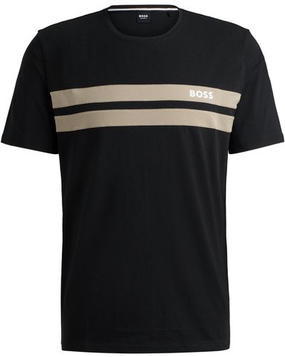 BOSS by HUGO BOSS Pyjama-Shirt aus Baumwoll-Mix mit Streifen und Logo - Schwarz