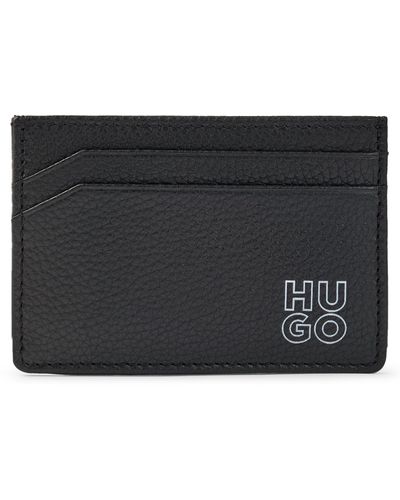HUGO White Logo Pebbled Leather Card Holder - Black