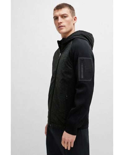 BOSS Mixed-material Zip-up Hoodie With Signature Sleeve Pocket - Black