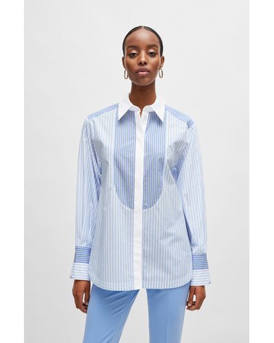 BOSS Pure-cotton Blouse With Mixed Vertical Stripes - Blue