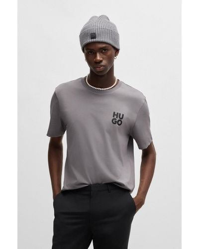 HUGO Cotton-jersey T-shirt With Stacked Logo Print - Grey