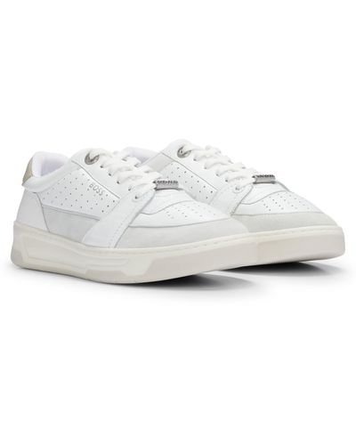 BOSS Leather Sneakers With Suede Trims And Perforations - White