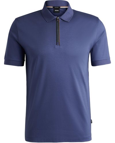 BOSS Slim-Fit Poloshirt aus merzerisierter Baumwolle mit Reißverschlussleiste - Blau