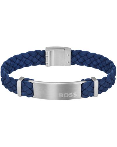 BOSS Bracelet tressé en cuir suédé bleu avec plaquette logo