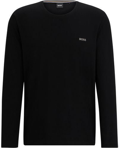 BOSS T-shirt Van Stretchkatoen Met Lange Mouwen En Logodetail - Zwart