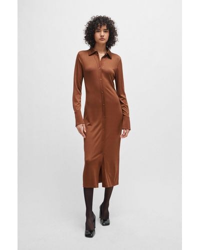 BOSS Long-length Shirt-style Dress In Ribbed Jersey - Brown