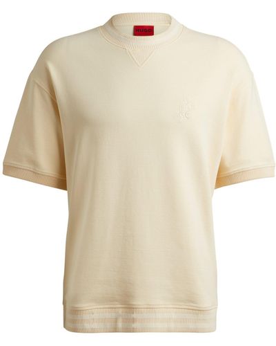 HUGO Stretch-cotton T-shirt With Stacked Logo And Ribbed Cuffs - Natural