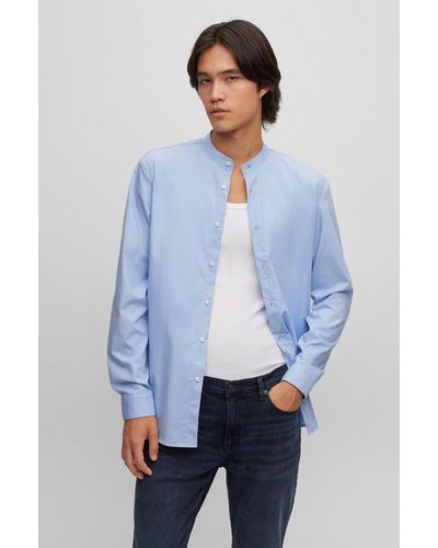 HUGO Collarless Slim-fit Shirt In Easy-iron Cotton Poplin - Blue