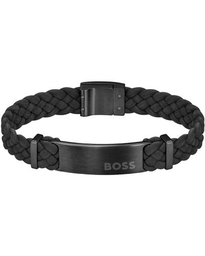 BOSS Black-suede Braided Cuff With Logo Plate