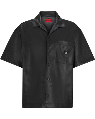 HUGO Oversized-fit Overhemd Van Geperforeerd Imitatieleer - Zwart