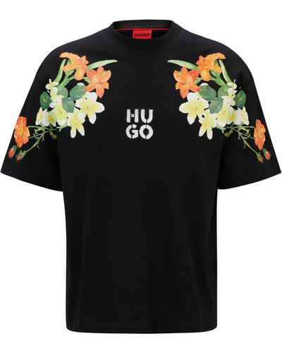 HUGO T-Shirt aus Baumwoll-Jersey mit Blumen-Print und Stack-Logo - Schwarz