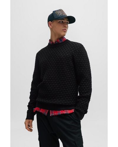 HUGO Relaxed-fit Pure-cotton Jumper With 3d Knitted Pattern - Black