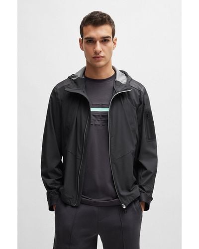 BOSS Mixed-material Hooded Jacket With Patterned Trims - Black