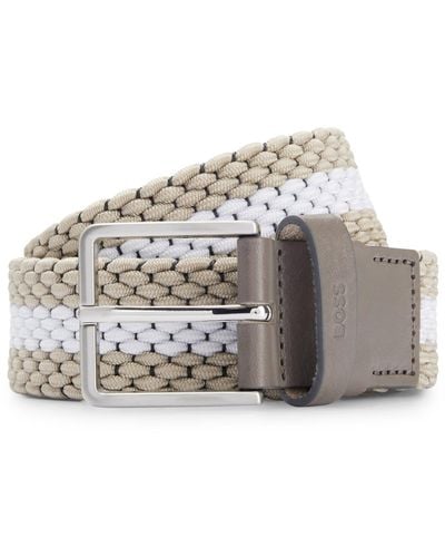 BOSS Woven Belt With Leather Trims And Contrasting Colour Detail - Grey