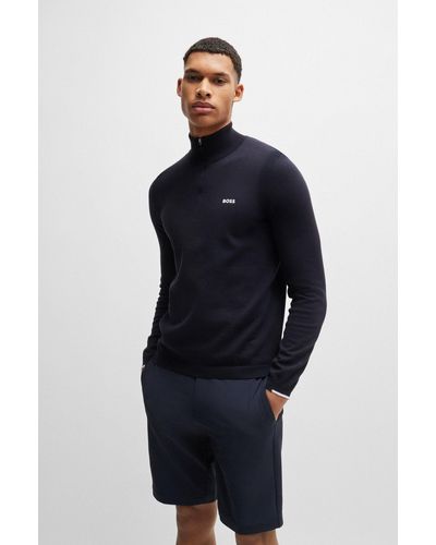 BOSS Cotton-blend Zip-neck Sweater With Logo Print - Blue