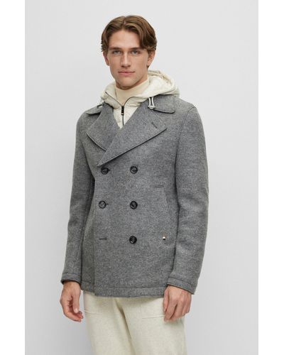 BOSS Virgin-wool Slim-fit Coat With Hooded Inner - Gray