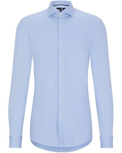 BOSS Slim-fit Overhemd Van Gestructureerde Performance-stretch Jersey - Blauw