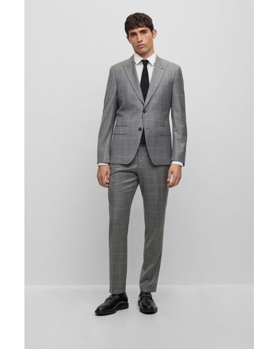 BOSS Slim-fit Two-piece Suit In Checked Virgin Wool - Gray