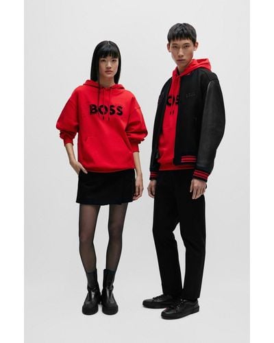 BOSS Interlock-cotton Regular-fit Hoodie With Special Artwork - Red