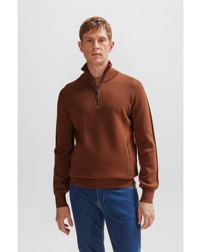 BOSS Zip-neck Sweater In Virgin Wool With Piped Details - Brown