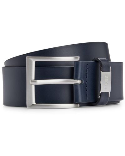 BOSS Italian-leather Belt With Logo Keeper And Brushed Hardware - Blue