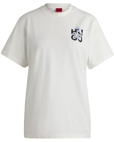 HUGO Relaxed-fit T-shirt In Cotton With Floral Logo Artwork - White