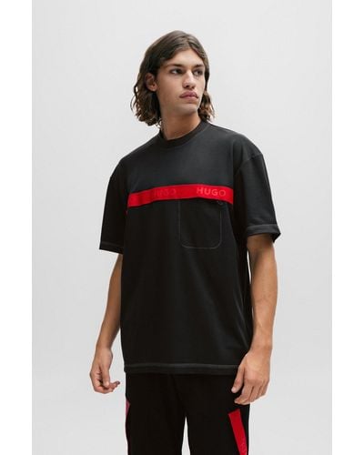 HUGO Cotton-blend T-shirt With Red Logo Tape - Black
