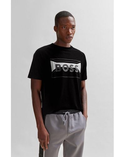 BOSS T-shirt Regular Fit en coton mélangé avec logo artistique - Noir