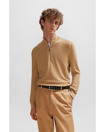 BOSS Zip-neck Sweater In Micro-structured Cotton - Natural