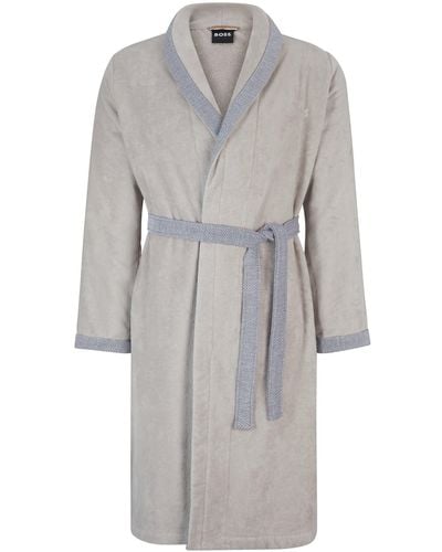 BOSS Cotton-velvet Dressing Gown With Embroidered Logo - Grey