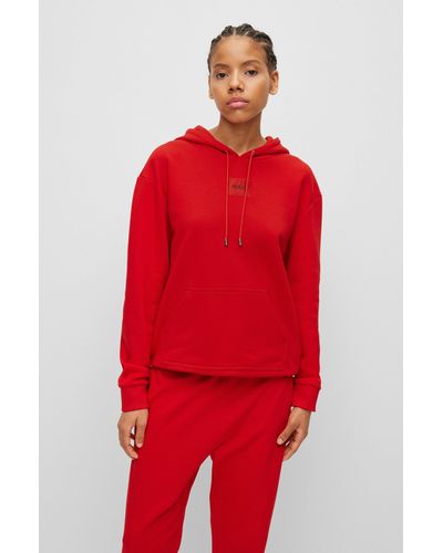 HUGO Sweat à capuche en coton avec étiquette logo - Rouge