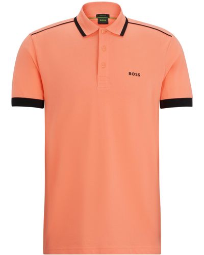 BOSS Polo Van Katoenpiqué Met Contraststrepen En Logo - Oranje