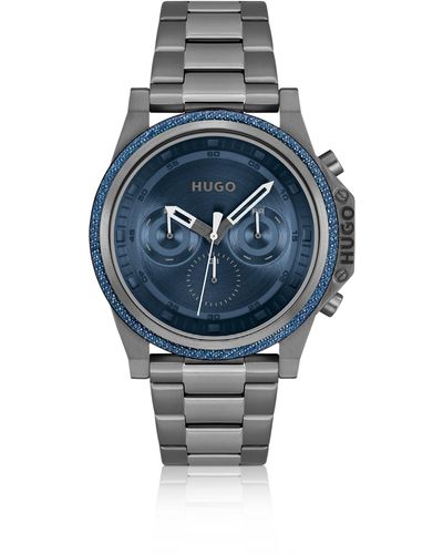 HUGO Uhr mit Gliederarmband, blauem Zifferblatt und Denim-Lünette